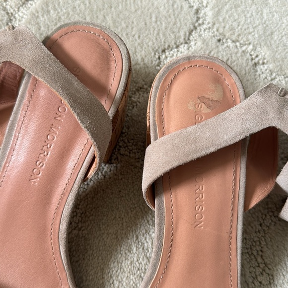 Sigerson Morrison Riva Ankle Strap Suede Sandals Cork Heel Neutral Greige sz 8 - Picture 6 of 9